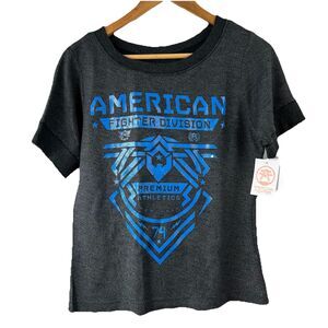 American Fighter Womens ADDY Short Sleeve Sweatshirt  L Athletic Gray W/ Blue